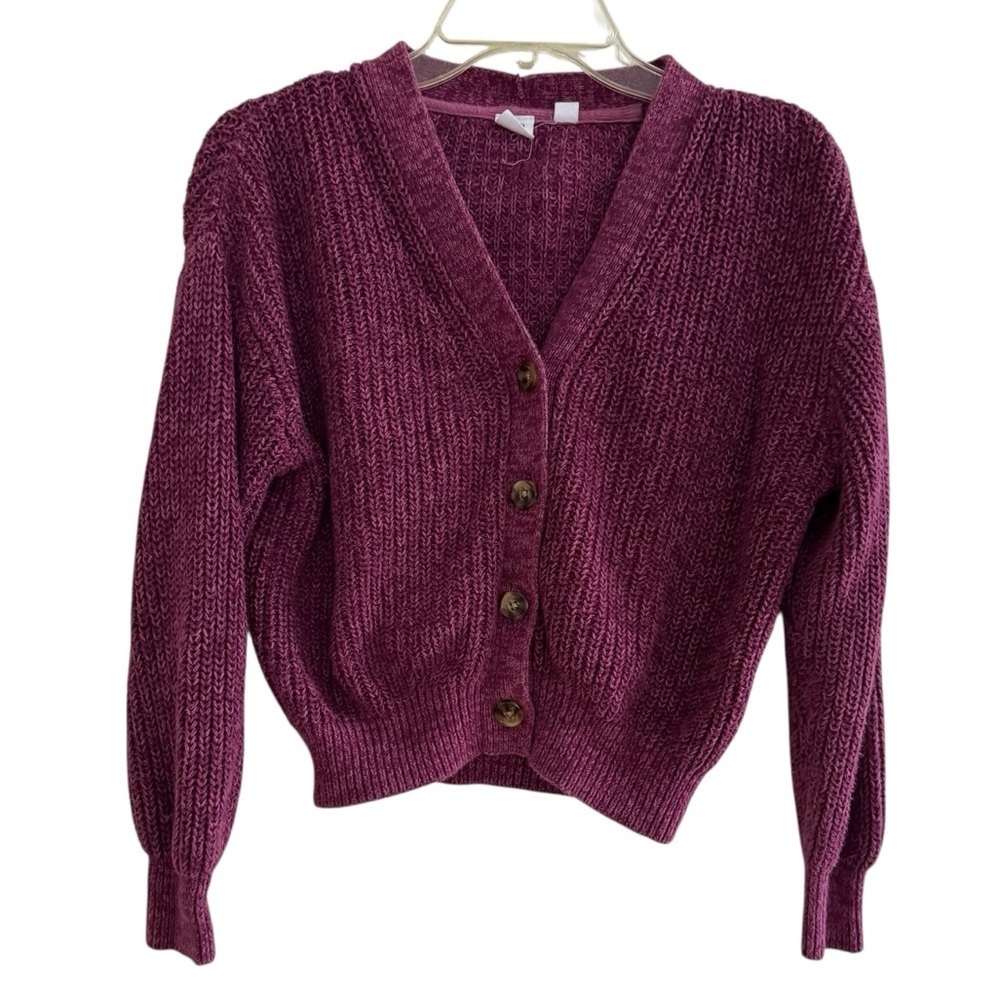 Gap Plum Pink Shaker-Stitch Cardigan Chunky Knit Button Up V-neck Girls L 10